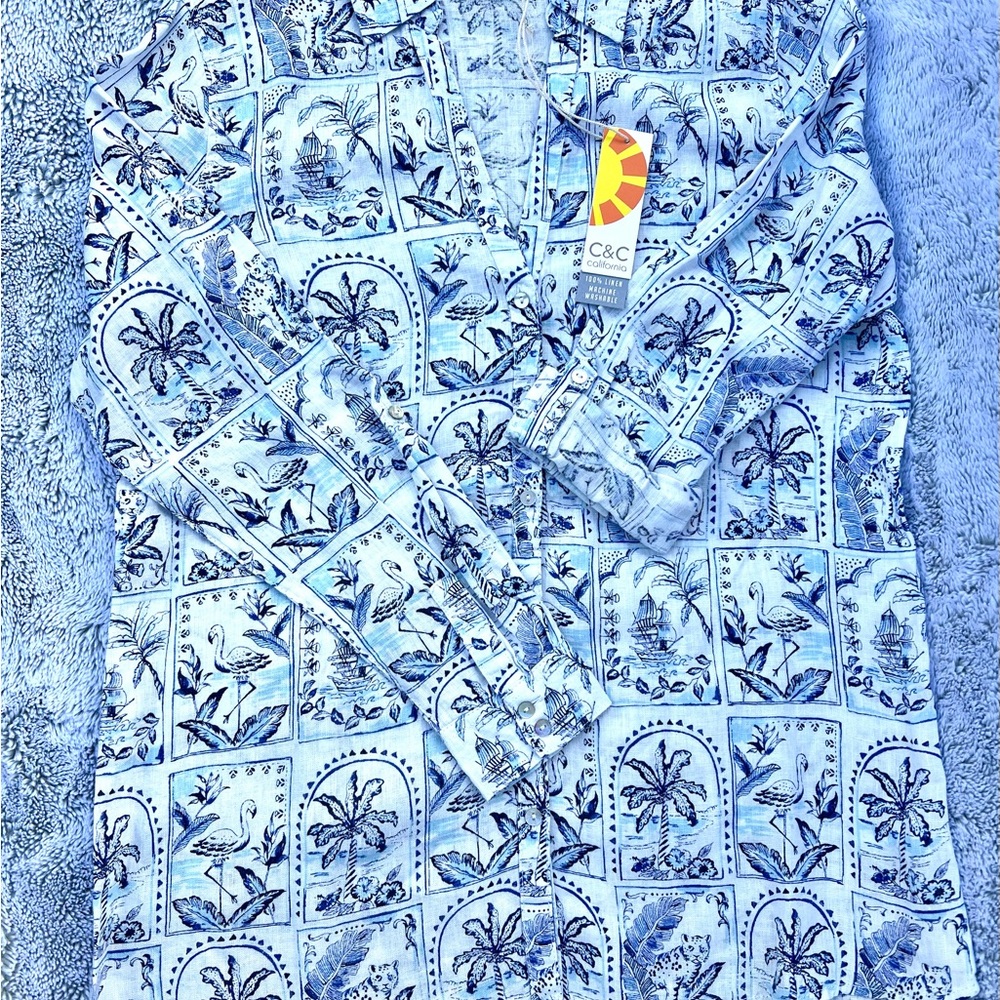 C&C California Sky Blue Patterned Linen Shirt - Picture 2 of 2
